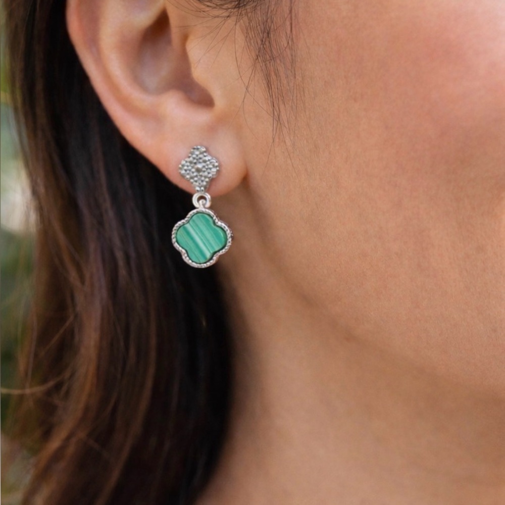 Elegant Green Malachite Lucky Clover Silver Stud Earrings